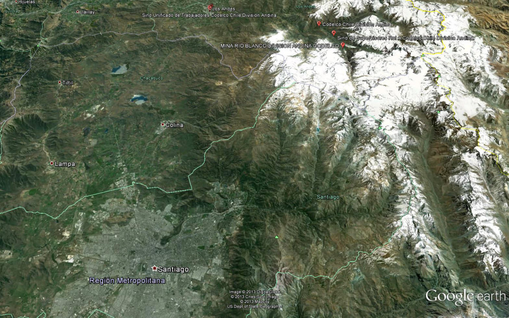 Minera Andina de Codelco, glaciares, Santiago y la provincia de Chacabuco, en Google Earth.